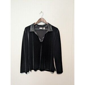 Chicos Blouse Top 2 L Solid Black Velvet Collared Long Sleeve Pullover Stretch